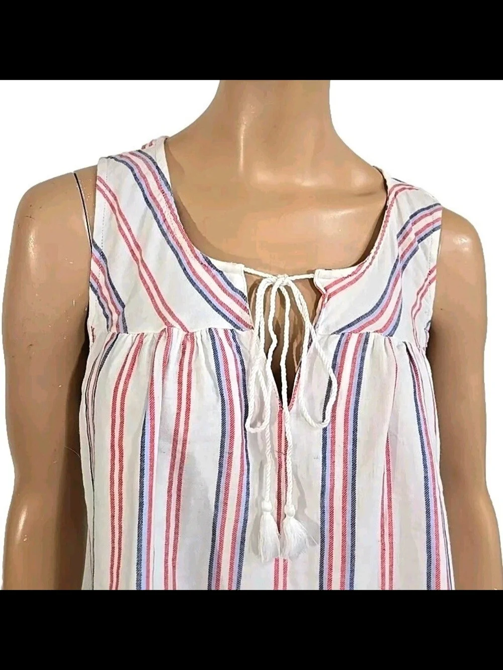 Seven7 Womens Large Sleeveless Tasseled Beachy Cotton Top White Red Blue Striped